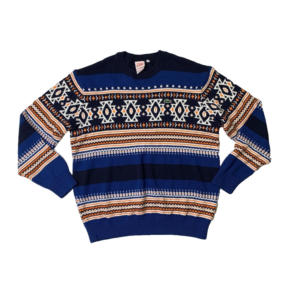 Lacoste Sweater Mens 7 Slim Fit‎ Live Fair Isle Crew Neck Knit Cotton Pullover